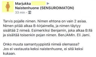 Feissarimokat: Nimen valinnasta voi tehdä myös vaikean – lue miten naistenhuoneen-ovi-osa-87-pol2